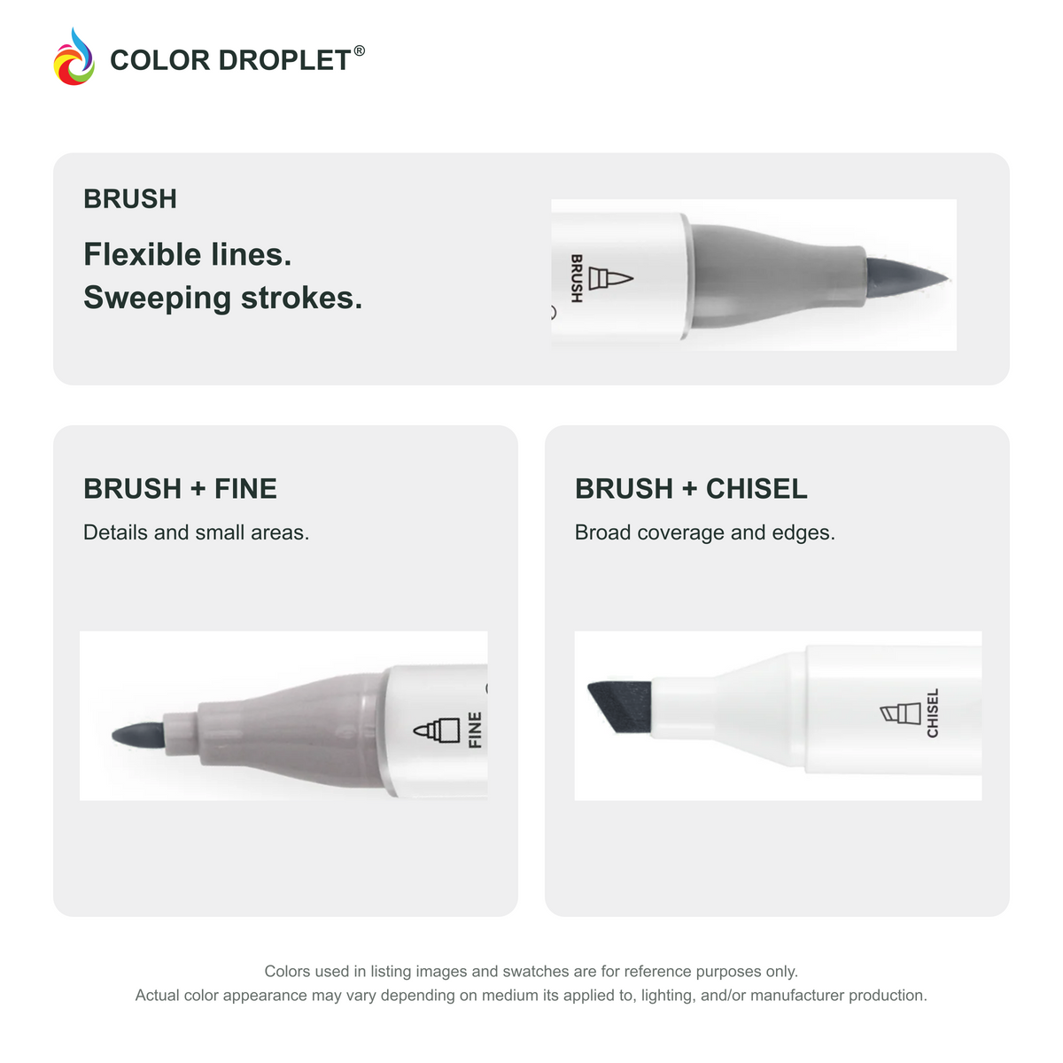 Ohuhu Honolulu brush, fine, and chisel tip close-ups colored to GG15 Dark Neutral Grey, showing the Brush + Fine and Brush + Chisel options.