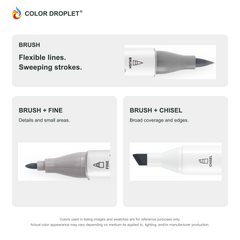 Ohuhu Honolulu brush, fine, and chisel tip close-ups colored to GG15 Dark Neutral Grey, showing the Brush + Fine and Brush + Chisel options.