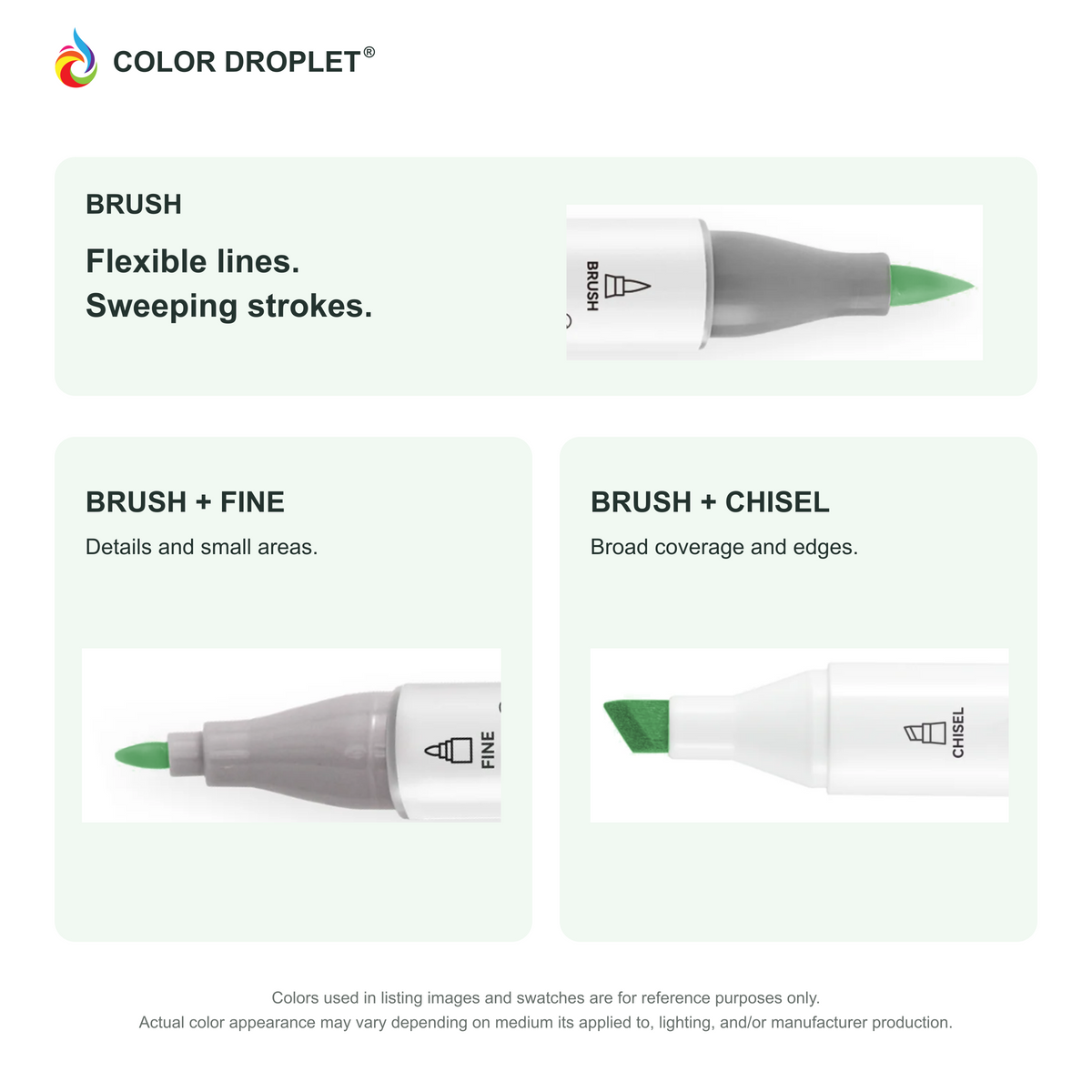 Ohuhu Honolulu brush, fine, and chisel tip close-ups colored to G310 Shamrock Green, showing the Brush + Fine and Brush + Chisel options.