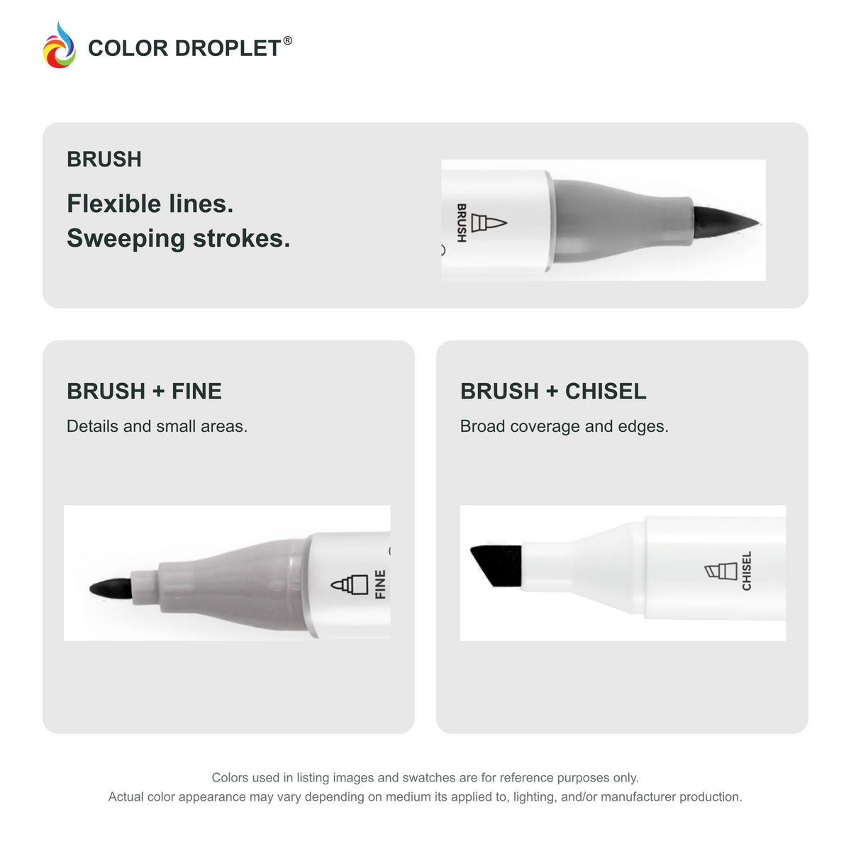 Ohuhu Honolulu brush, fine, and chisel tip close-ups colored to 120 Black, showing the Brush + Fine and Brush + Chisel options.