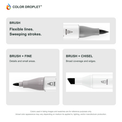 Ohuhu Honolulu brush, fine, and chisel tip close-ups colored to 120 Black, showing the Brush + Fine and Brush + Chisel options.