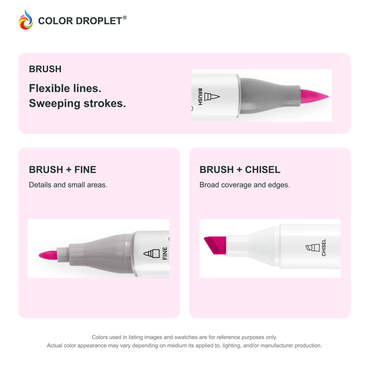 Ohuhu Honolulu brush, fine, and chisel tip close-ups colored to RV111 Hot Pink, showing the Brush + Fine and Brush + Chisel options.