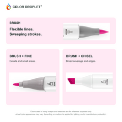 Ohuhu Honolulu brush, fine, and chisel tip close-ups colored to RV111 Hot Pink, showing the Brush + Fine and Brush + Chisel options.