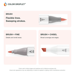 Ohuhu Honolulu brush, fine, and chisel tip close-ups colored to R013 Tomato, showing the Brush + Fine and Brush + Chisel options.