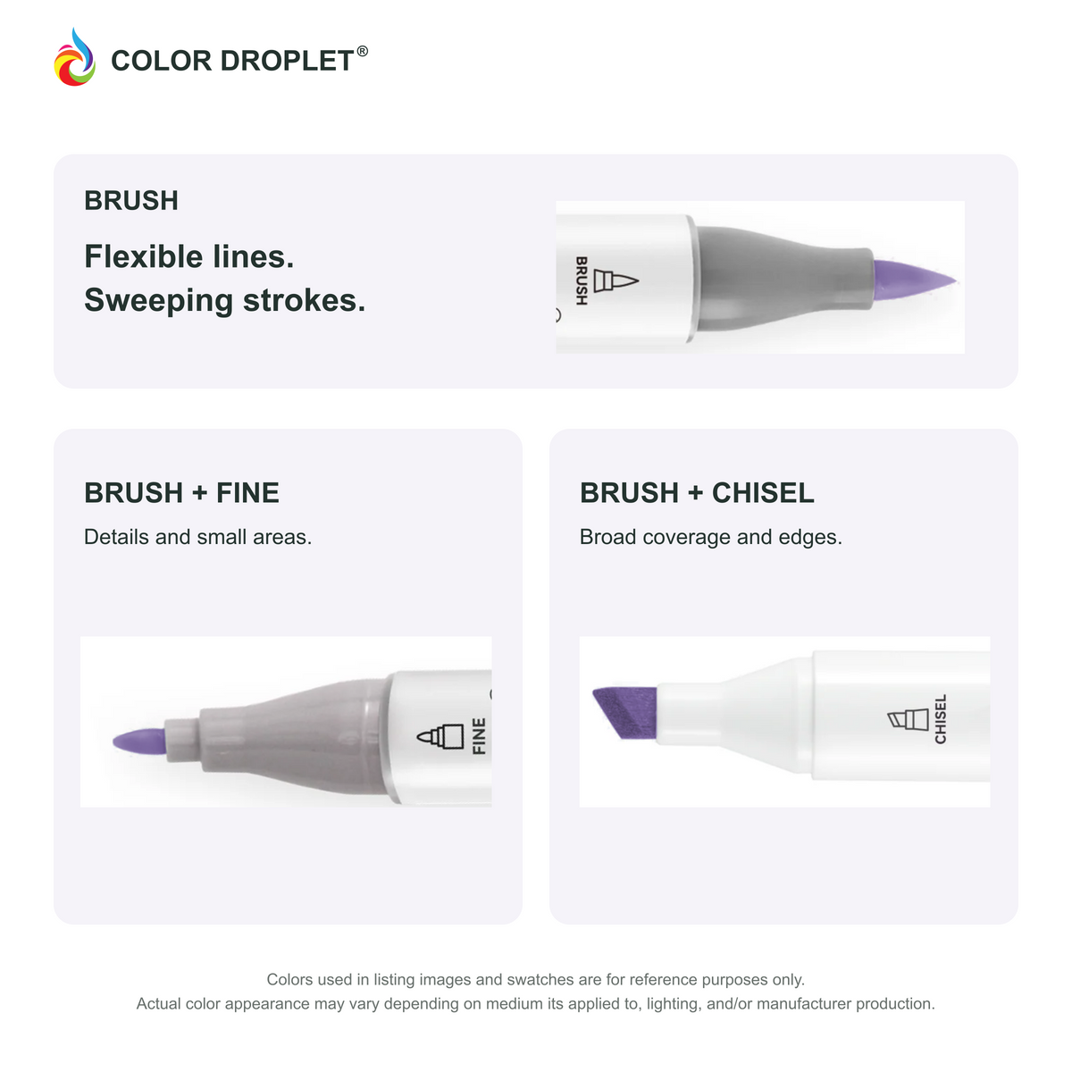 Ohuhu Honolulu brush, fine, and chisel tip close-ups colored to V46 Lavender, showing the Brush + Fine and Brush + Chisel options.