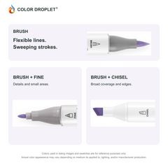 Ohuhu Honolulu brush, fine, and chisel tip close-ups colored to V46 Lavender, showing the Brush + Fine and Brush + Chisel options.