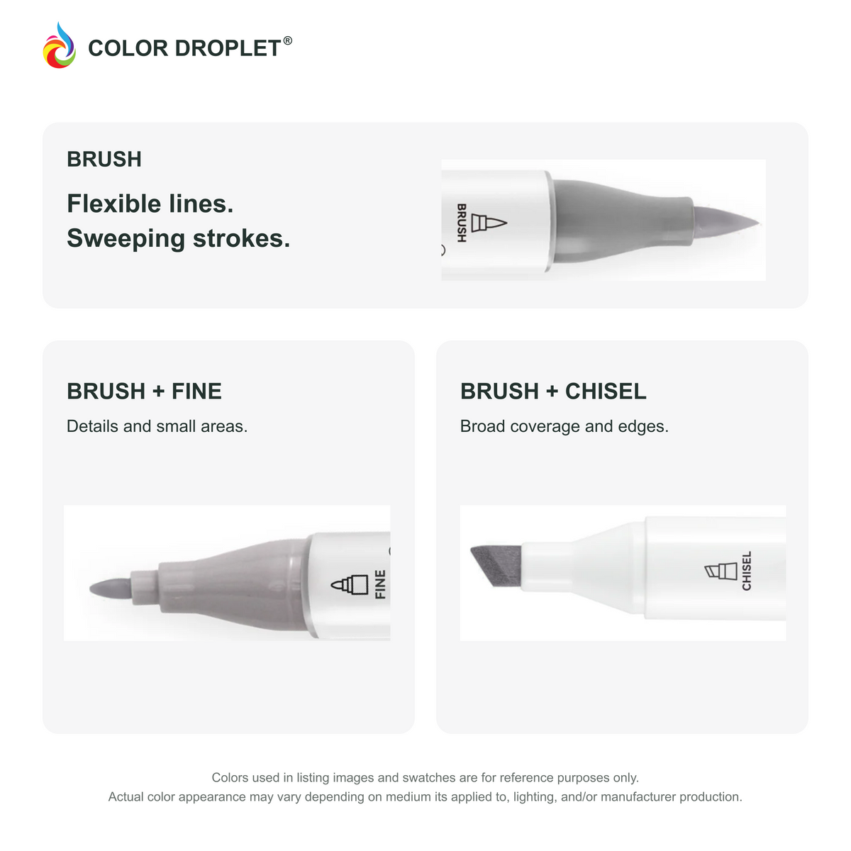 Ohuhu Honolulu brush, fine, and chisel tip close-ups colored to WG06 Star Dust, showing the Brush + Fine and Brush + Chisel options.