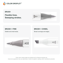 Ohuhu Honolulu brush, fine, and chisel tip close-ups colored to WG06 Star Dust, showing the Brush + Fine and Brush + Chisel options.