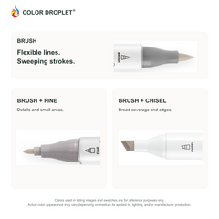Ohuhu Honolulu brush, fine, and chisel tip close-ups colored to YGY11 Collingwood Grey, showing the Brush + Fine and Brush + Chisel options.