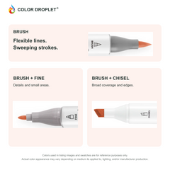 Ohuhu Honolulu brush, fine, and chisel tip close-ups colored to YR112 Orange, showing the Brush + Fine and Brush + Chisel options.