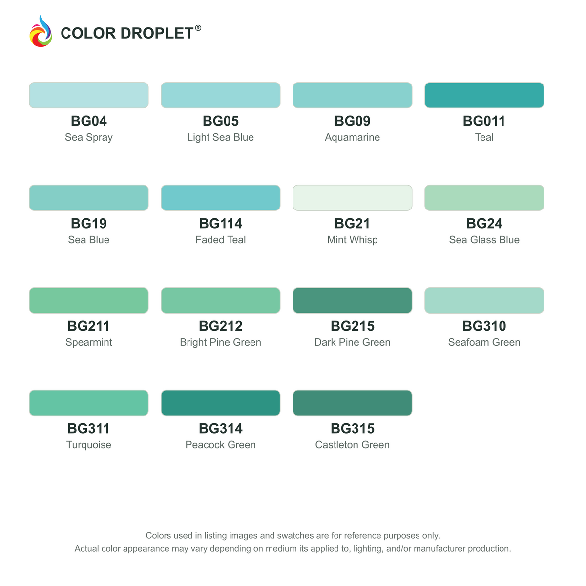 Digital Ohuhu Honolulu Blue Greens (BG) color guide; codes and names. Markers sold individually.