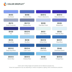 Digital Ohuhu Honolulu Blue Violets (BV) color guide; codes and names. Markers sold individually.