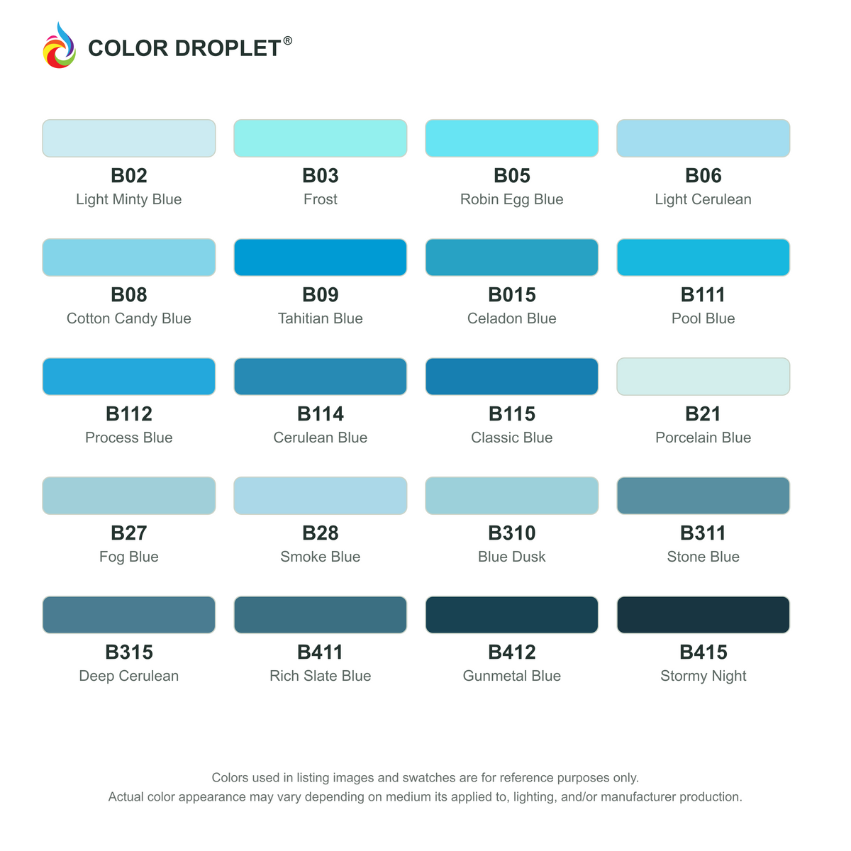 Digital Ohuhu Honolulu Blues (B) color guide; codes and names. Markers sold individually.