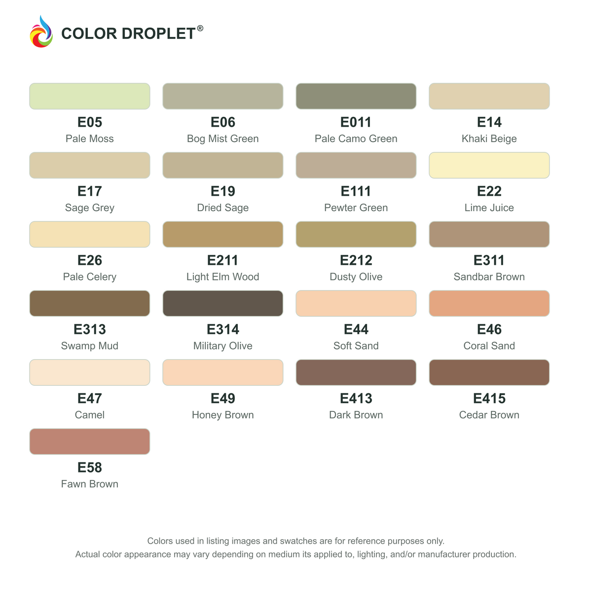 Digital Ohuhu Honolulu Earthtones (E) color guide, page 1 of 2; codes and names. Markers sold individually.