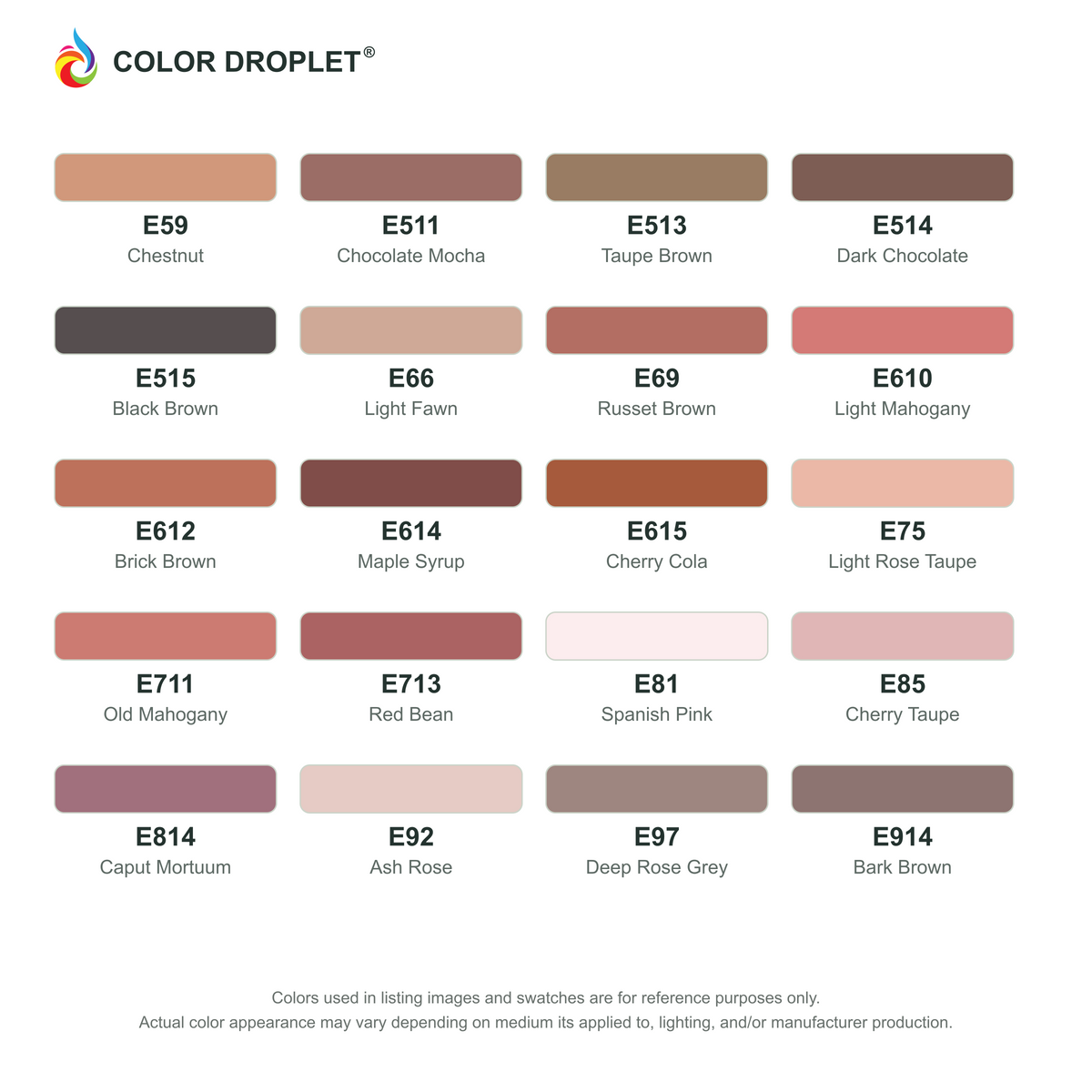 Digital Ohuhu Honolulu Earthtones (E) color guide, page 2 of 2; codes and names. Markers sold individually.