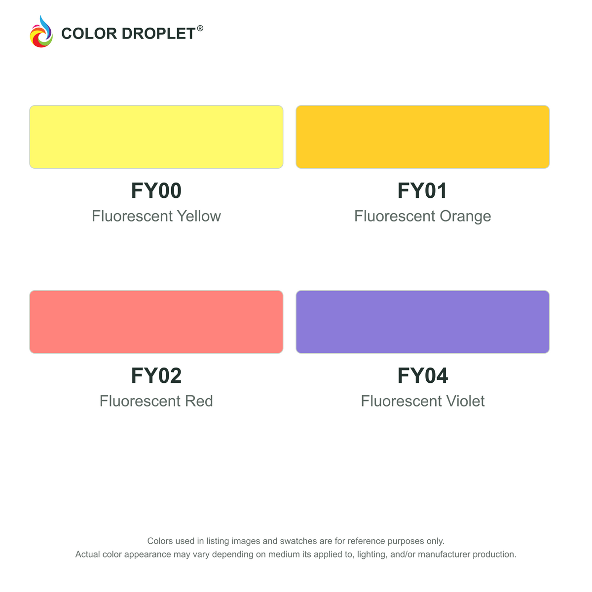 Digital Ohuhu Honolulu Fluorescents (FY) color guide; codes and names. Markers sold individually.