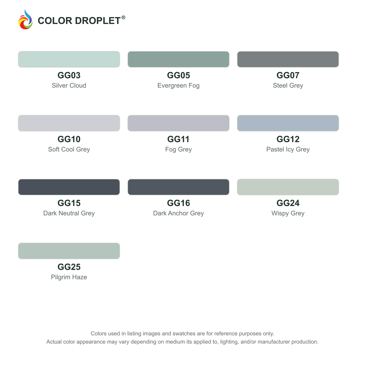 Digital Ohuhu Honolulu Green Greys (GG) color guide; codes and names. Markers sold individually.