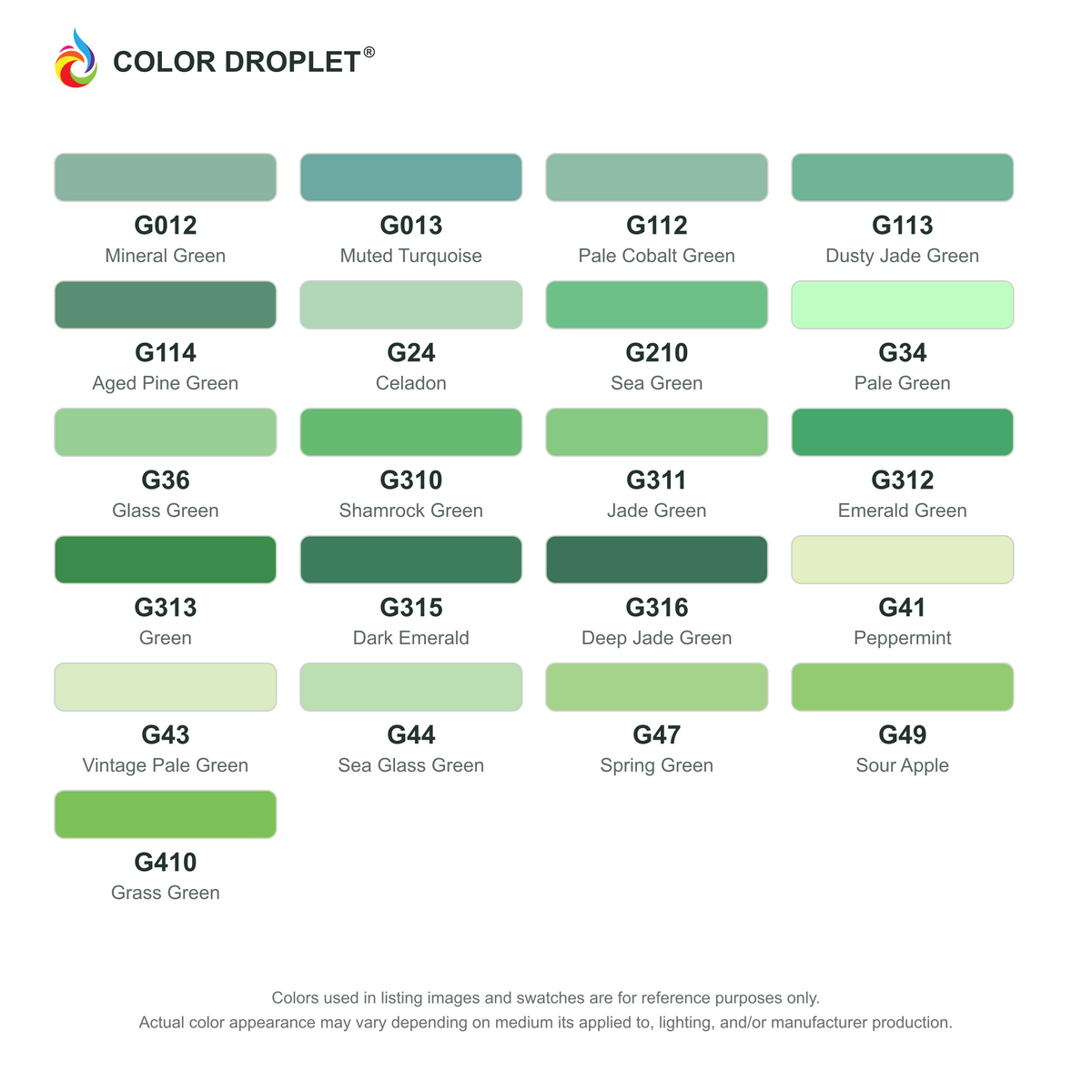Digital Ohuhu Honolulu Greens (G) color guide; codes and names. Markers sold individually.