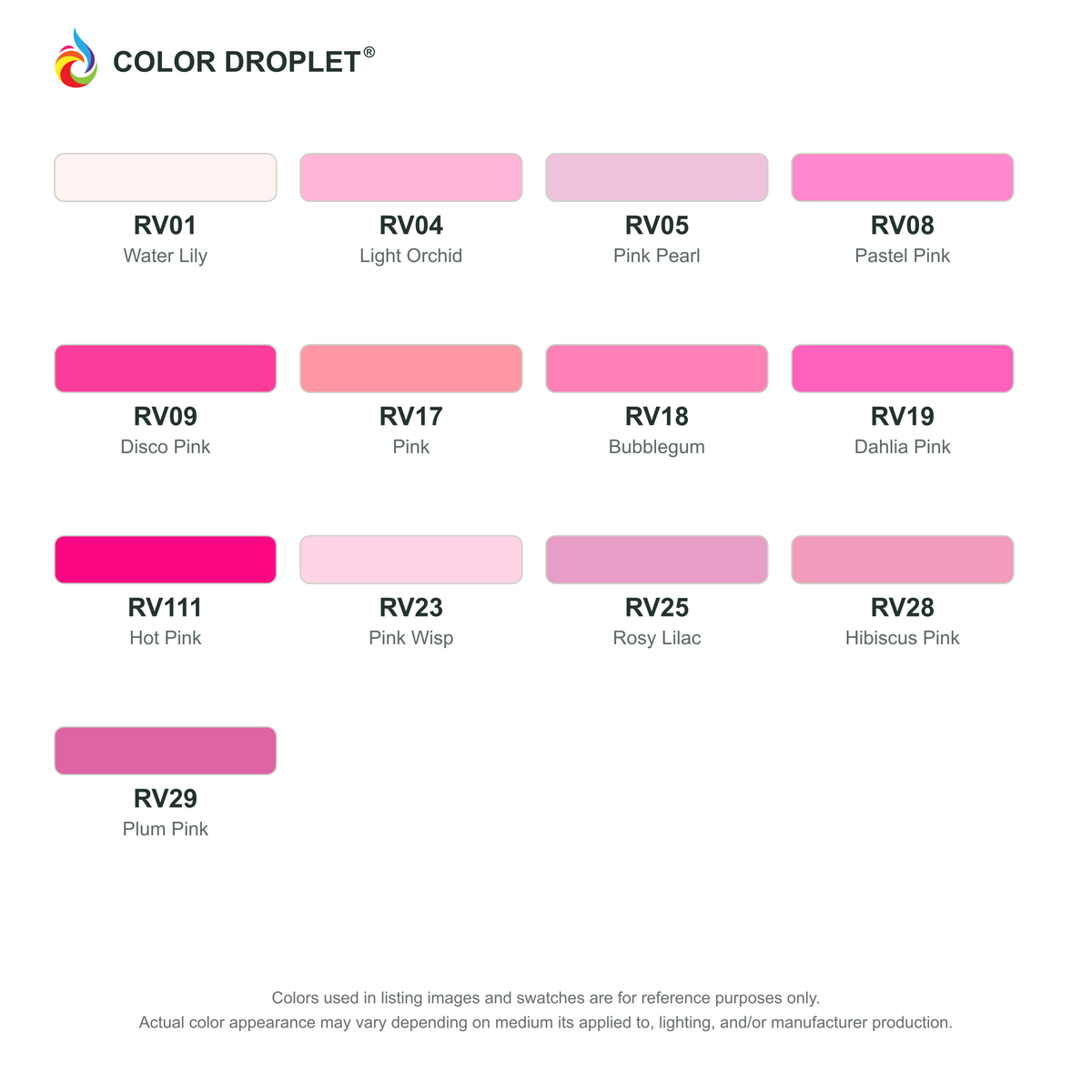 Digital Ohuhu Honolulu Red Violets (RV) color guide, page 1 of 2; codes and names. Markers sold individually.