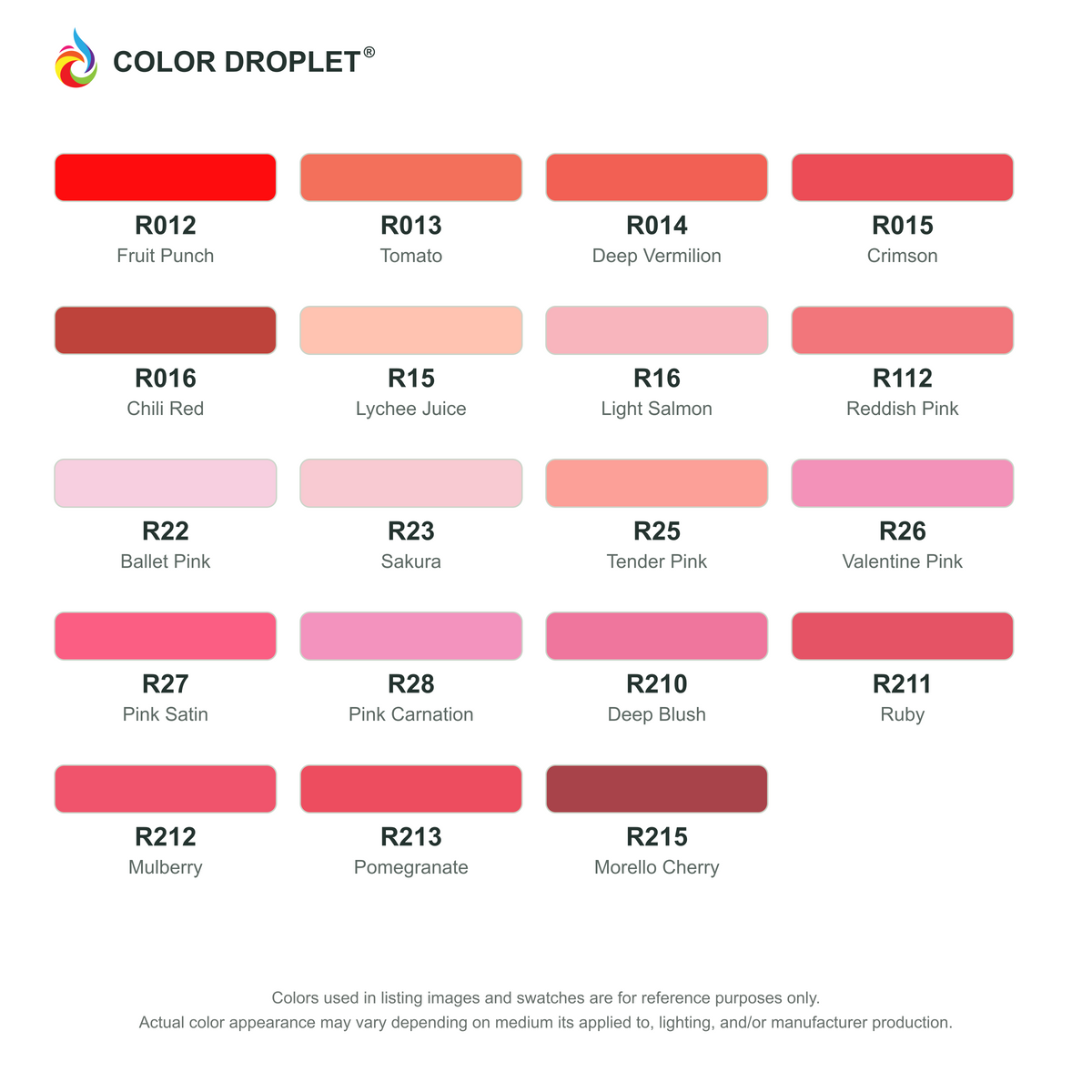 Digital Ohuhu Honolulu Reds (R) color guide, page 1 of 2; codes and names. Markers sold individually.