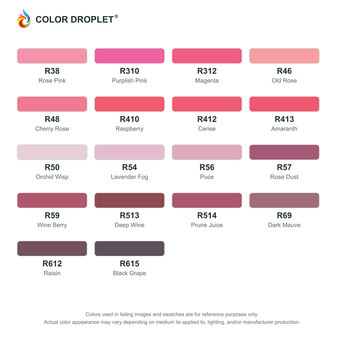Digital Ohuhu Honolulu Reds (R) color guide, page 2 of 2; codes and names. Markers sold individually.