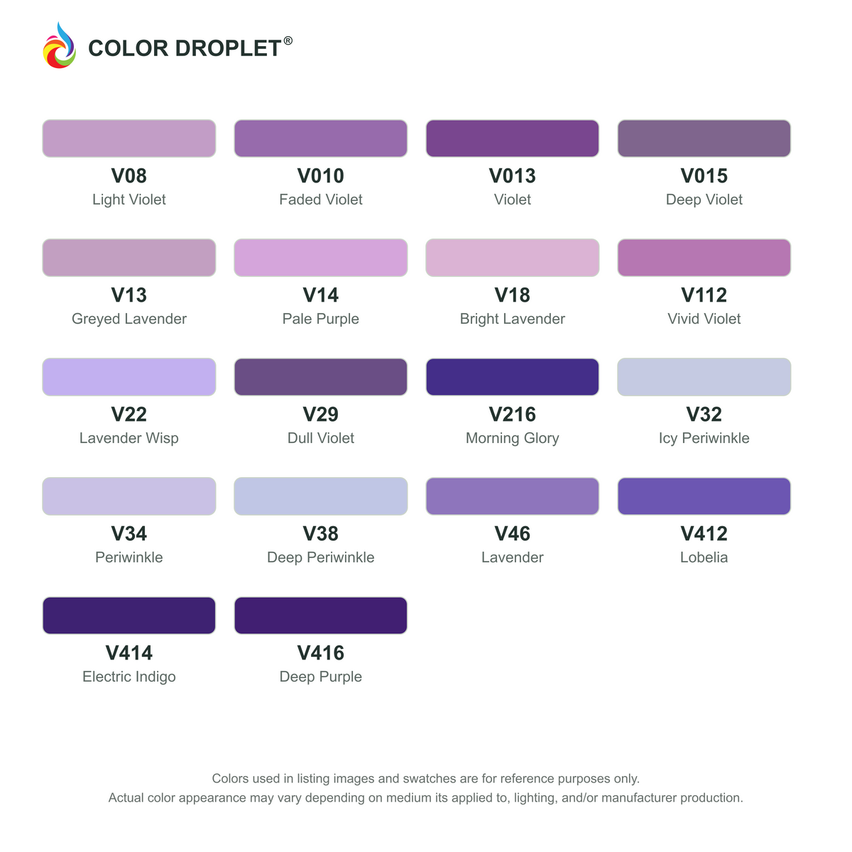Digital Ohuhu Honolulu Violets (V) color guide; codes and names. Markers sold individually.