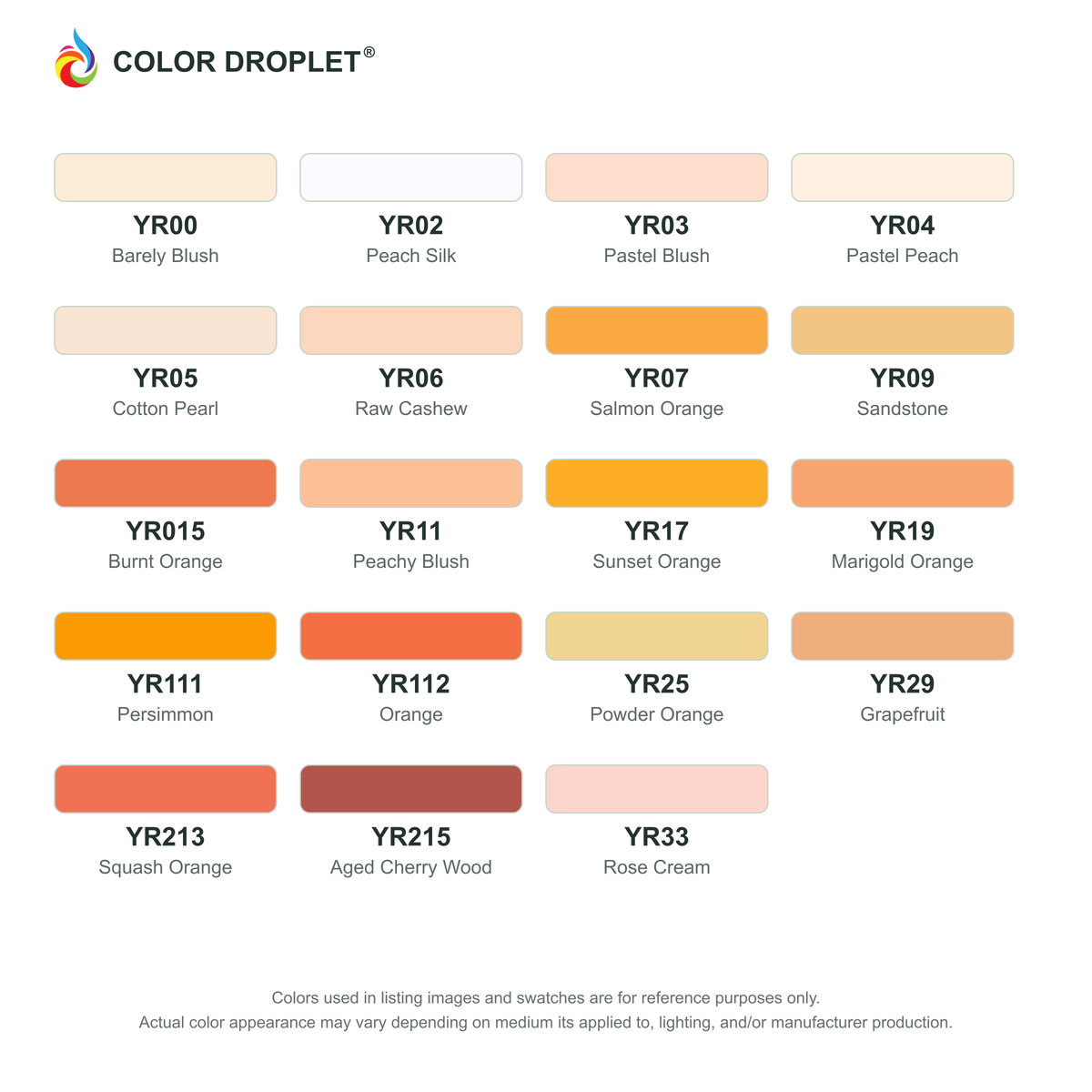 Digital Ohuhu Honolulu Yellow Reds (YR) color guide, page 1 of 2; codes and names. Markers sold individually.