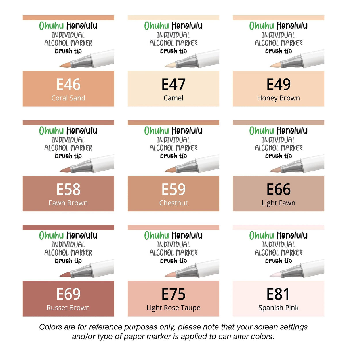 Ohuhu Honolulu Earthtones (E) alcohol marker shown with brush and chisel tips