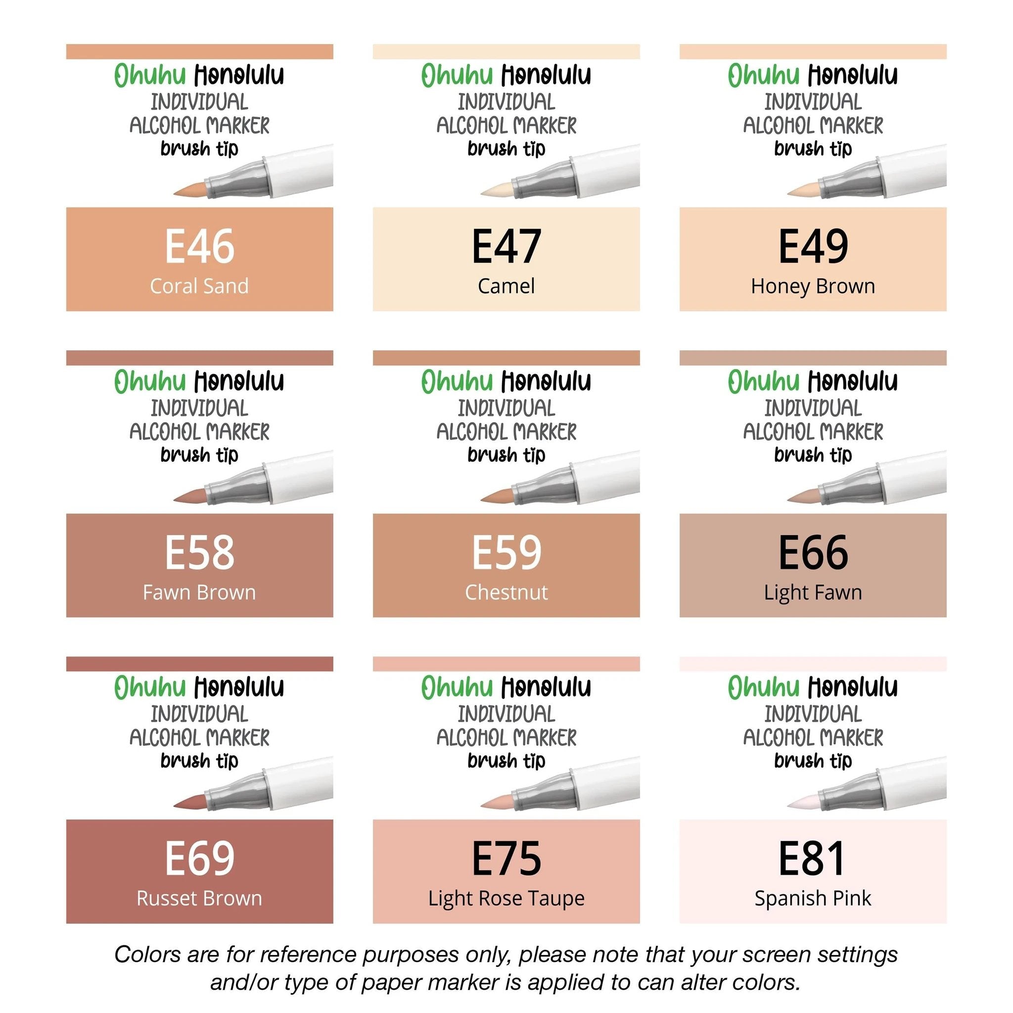 Ohuhu Honolulu Earthtones (E) alcohol marker shown with brush and chisel tips