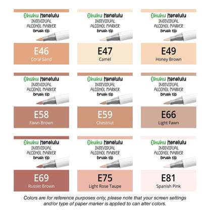Ohuhu Honolulu Earthtones (E) alcohol marker shown with brush and chisel tips
