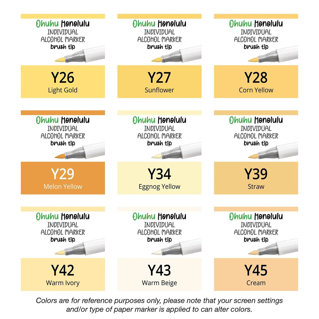 Ohuhu Honolulu Yellows (Y) alcohol marker shown with brush and chisel tips