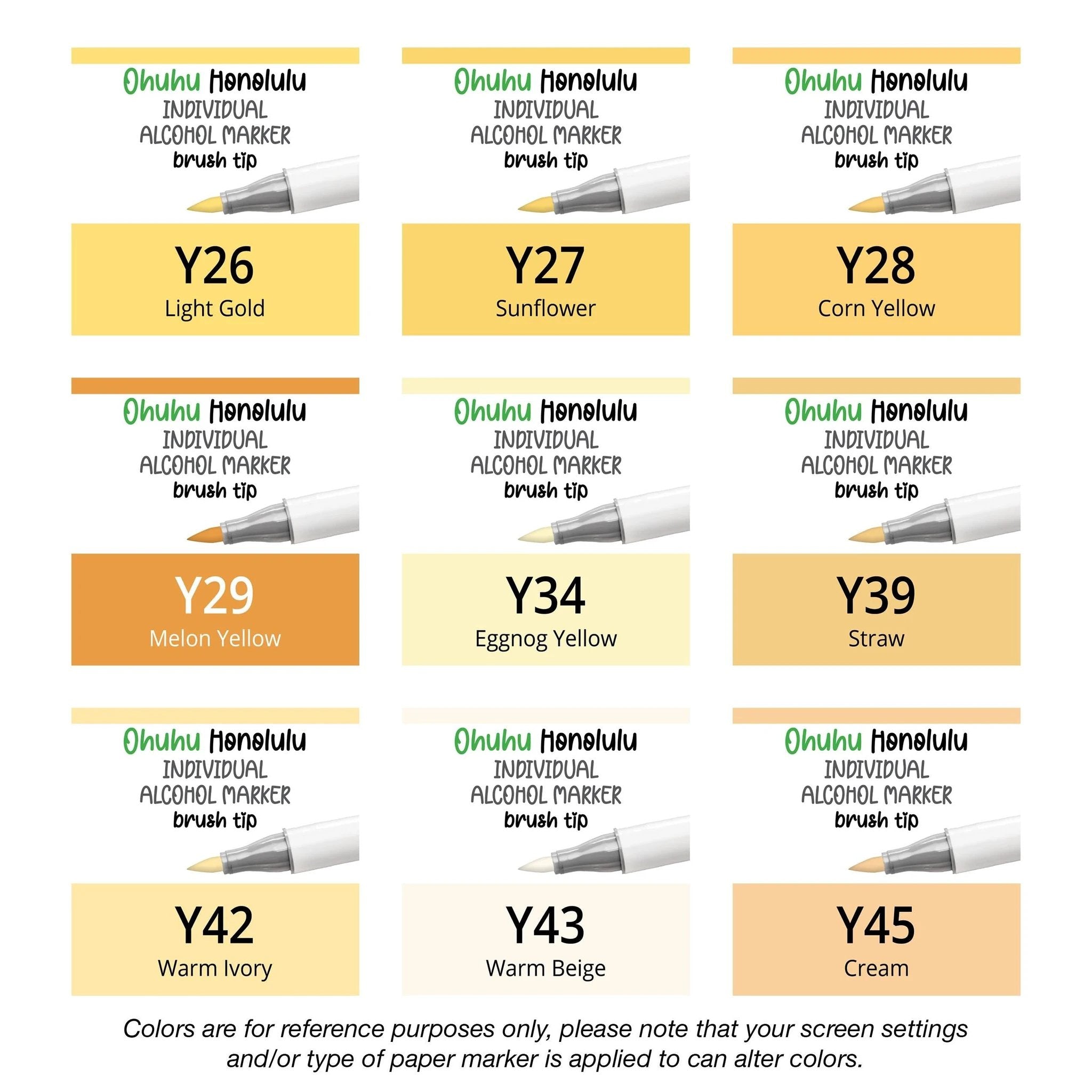 Ohuhu Honolulu Yellows (Y) alcohol marker shown with brush and chisel tips