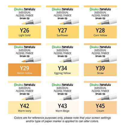 Ohuhu Honolulu Yellows (Y) alcohol marker shown with brush and chisel tips