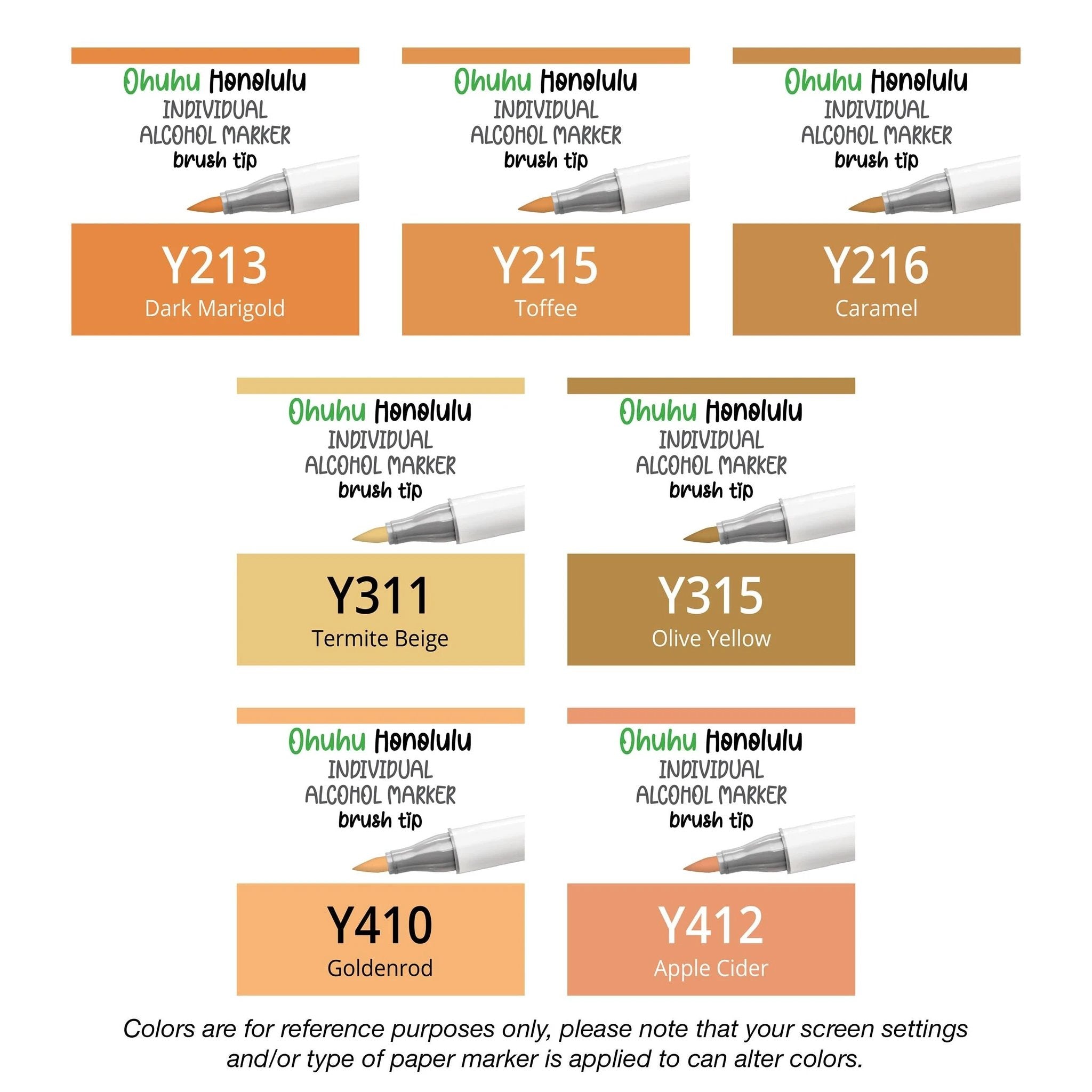 Ohuhu Honolulu Yellows (Y) alcohol marker — color reference and packaging