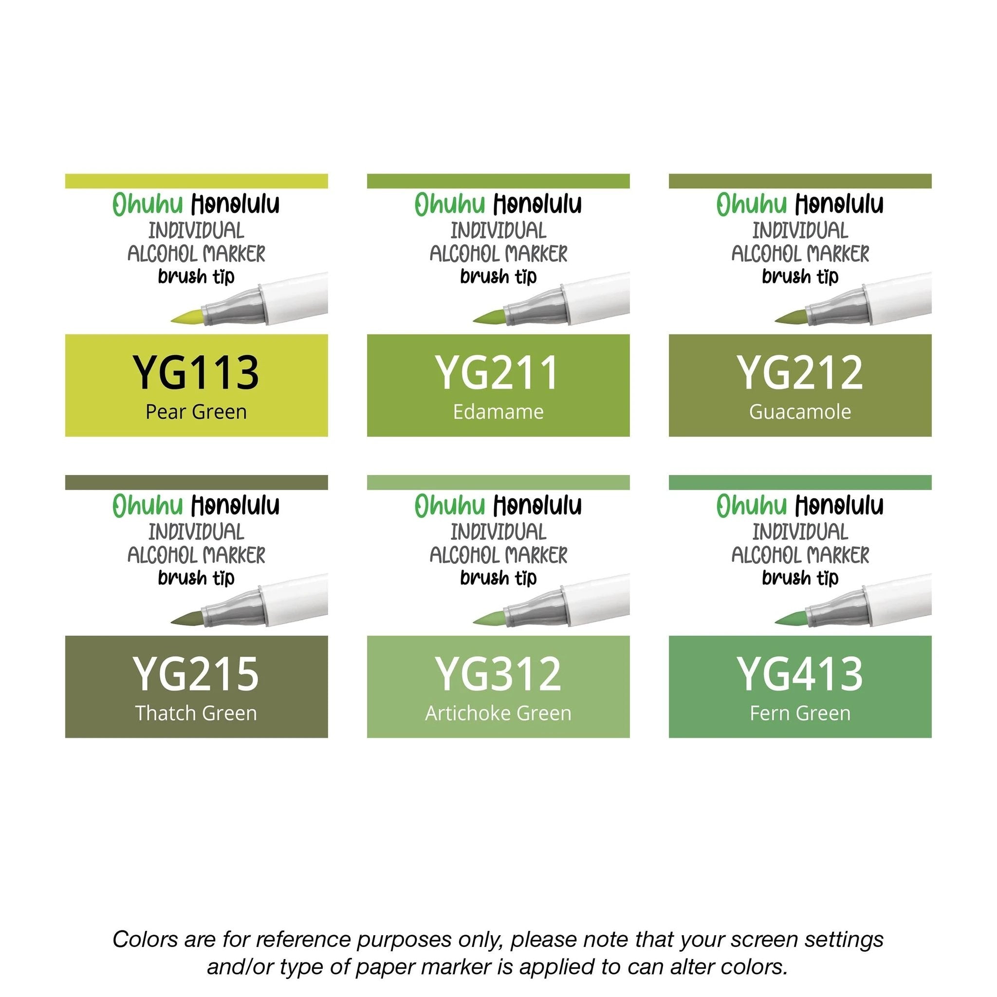 Ohuhu Honolulu Yellow Greens (YG) alcohol marker shown with brush and chisel tips