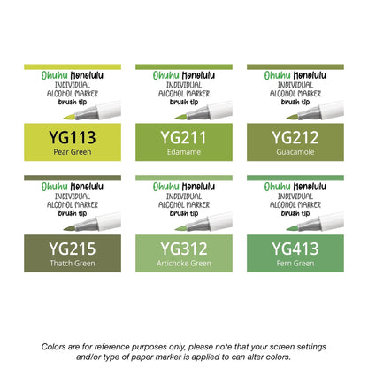 Ohuhu Honolulu Yellow Greens (YG) alcohol marker shown with brush and chisel tips