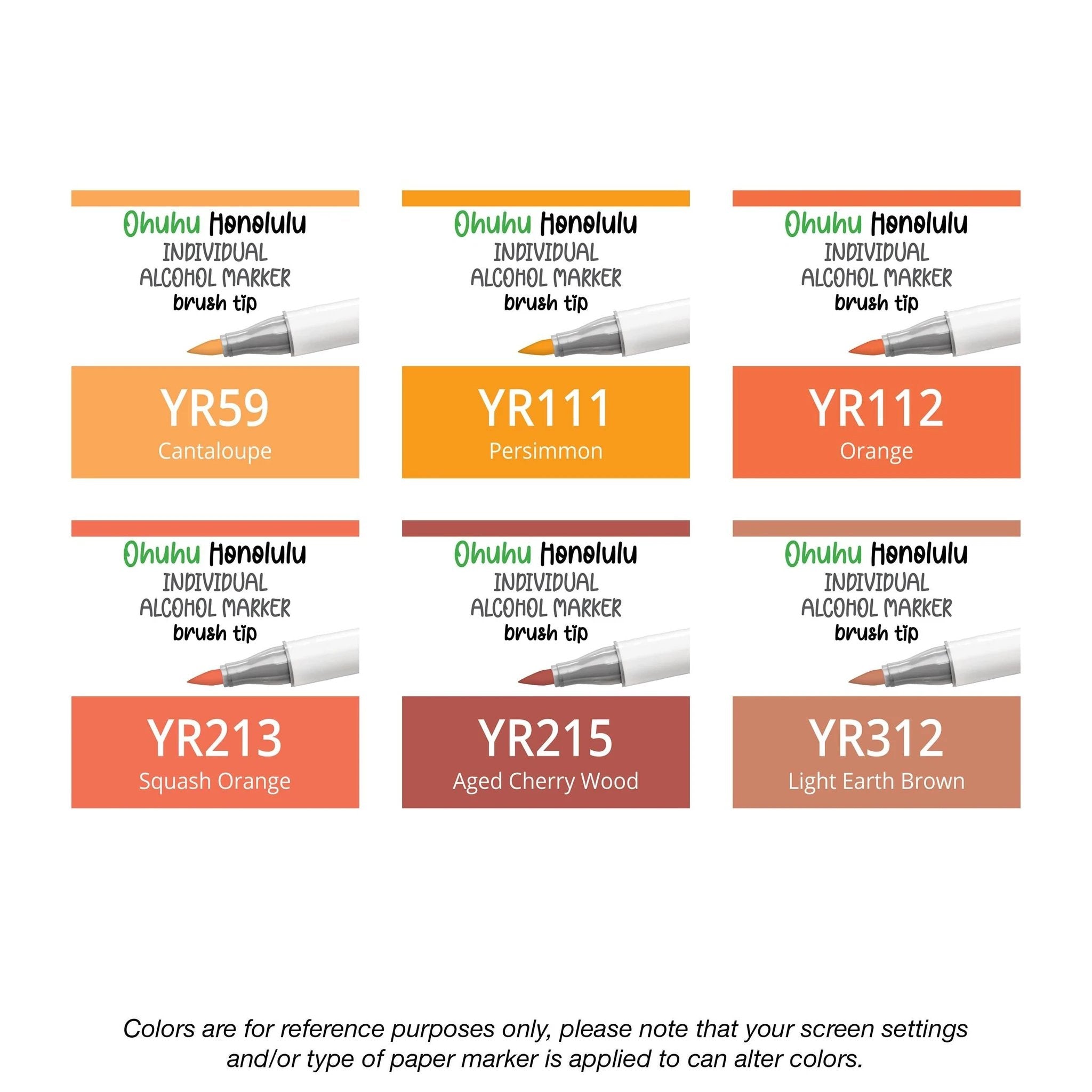 Ohuhu Honolulu Yellow Reds (YR) alcohol marker — color reference and packaging
