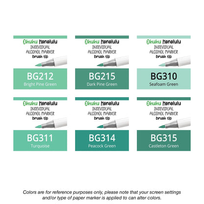 Ohuhu Honolulu Blue Greens (BG) alcohol marker shown with brush and chisel tips