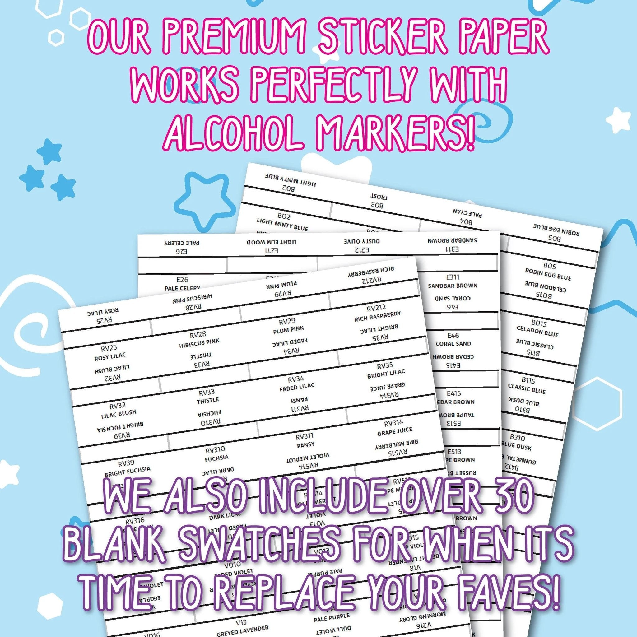 Sheet of Ohuhu Honolulu swatch stickers organized by color family