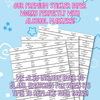 Sheet of Ohuhu Honolulu swatch stickers organized by color family