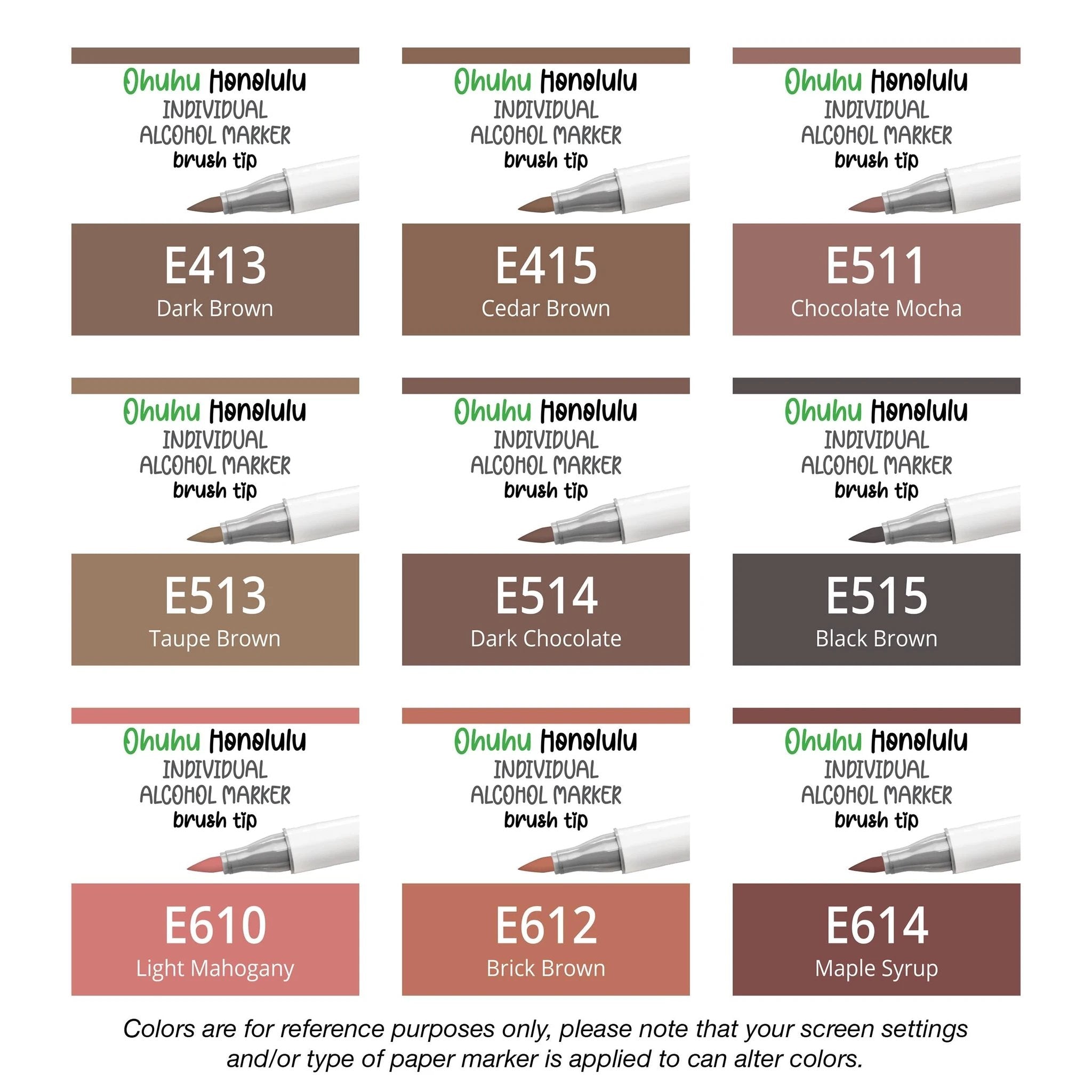 Ohuhu Honolulu Earthtones (E) alcohol marker — color reference and packaging