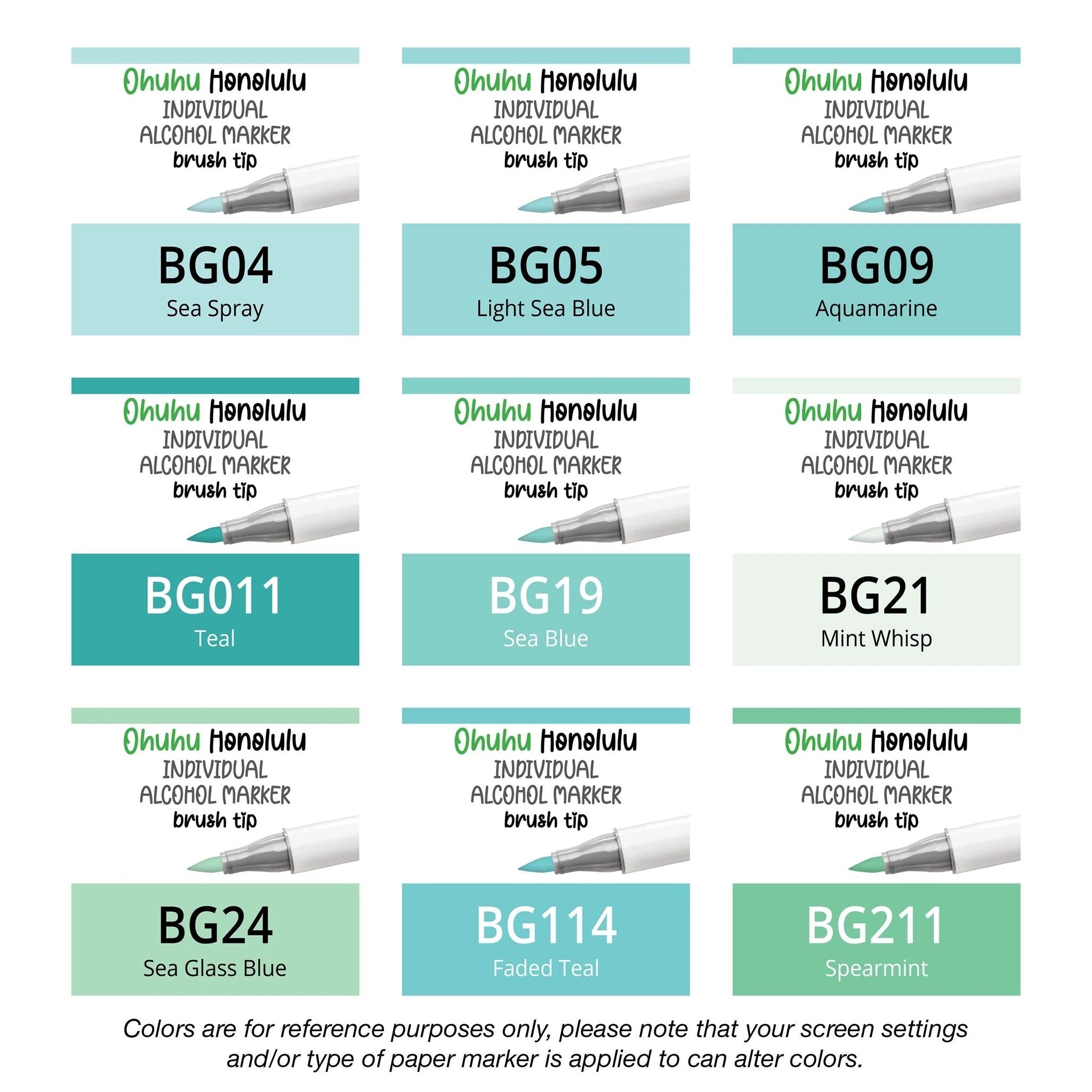 Ohuhu Honolulu Blue Greens (BG) single replacement alcohol marker with dual brush tips