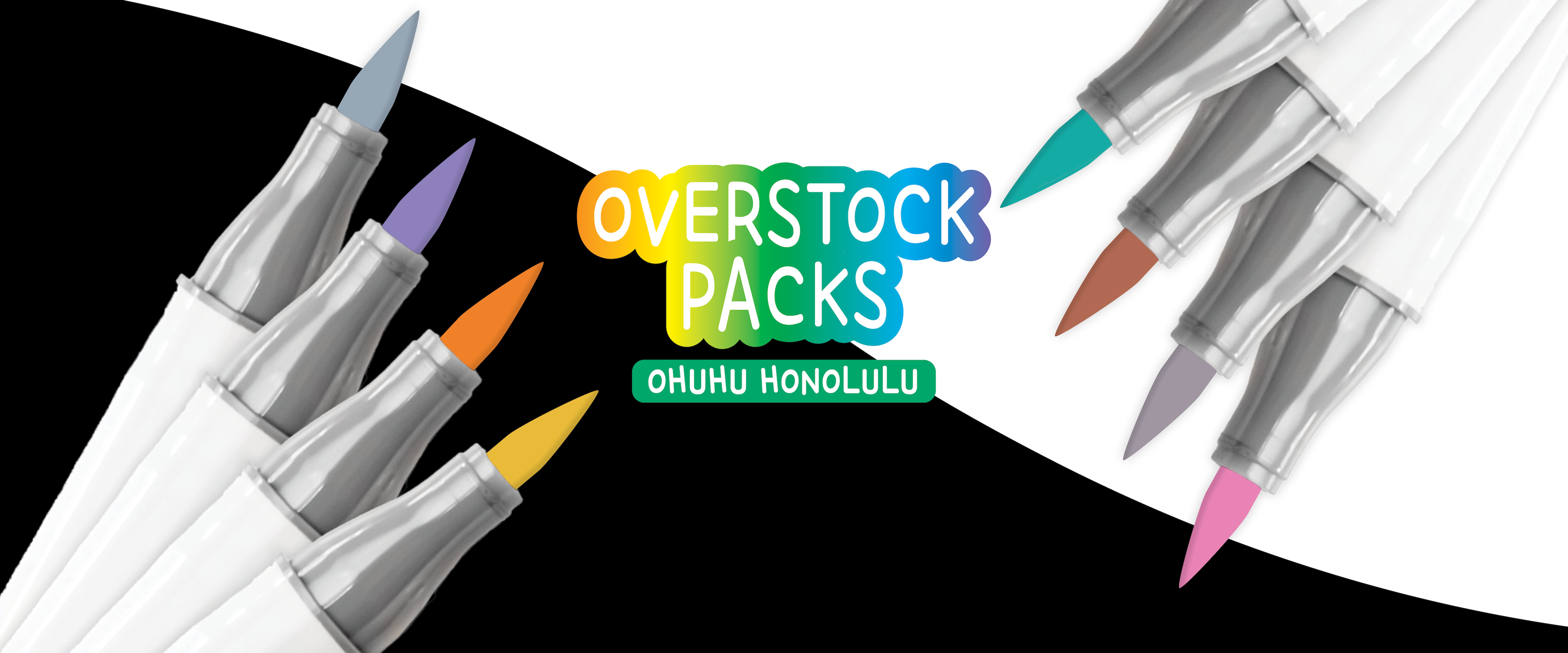 Promotional graphic for Overstock Packs by Ohuku Honolulu, showing multiple double-ended markers with silver ferrules and white barrels arranged diagonally on a black-and-white background.